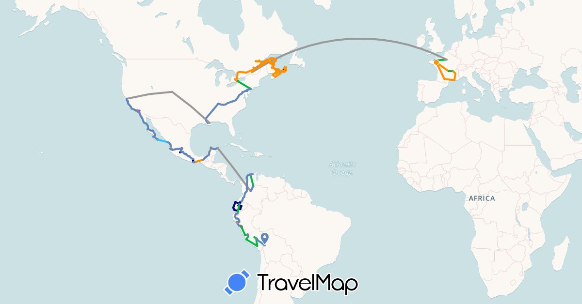 TravelMap itinerary: driving, bus, plane, cycling, train, hiking, boat, hitchhiking in Bolivia, Canada, Colombia, Ecuador, France, Mexico, Peru, United States (Europe, North America, South America)